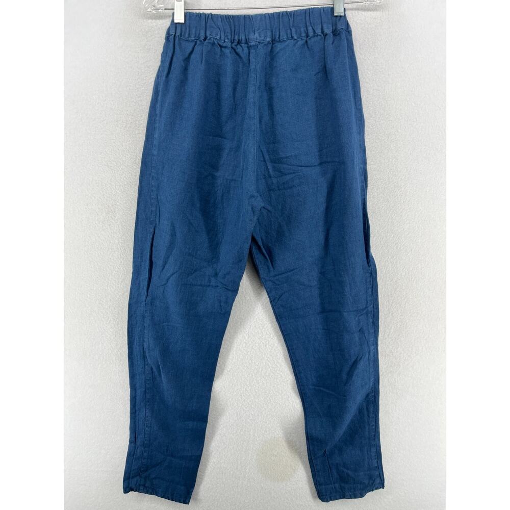 LINEN FOX Pants M Mara Linen Trouser Tapered High Rise Elastic Waist Ankle Blue - Picture 2 of 12